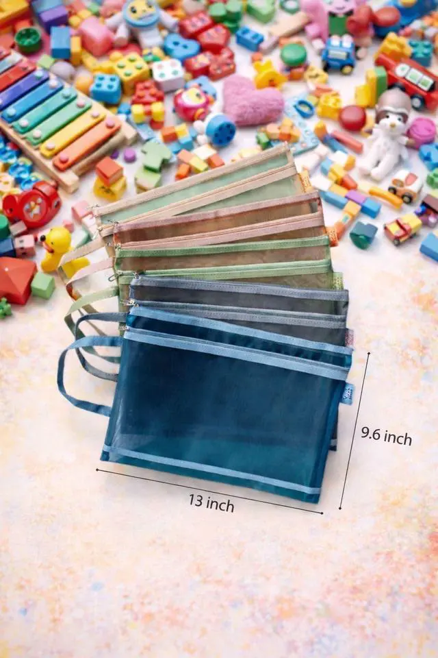 Alt view image 2 of 7 - 10 Pack Colored Mesh Zipper Pouch Bags, Breathable See Through A4 Pouch with Handle for School Games & School Supplies, Double-Layer Nylon Puzzle, Building Block Sets, Toy Storage & Organization