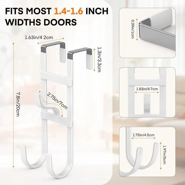 Alt view image 2 of 7 - Over The Door Hooks - 2 Pack Heavy Duty Triple-Hook Hanger, Rubber Coating Organizer for Bathroom Bedroom Kitchen Dorm, Hanging Towels Clothes Hats Bags Ironing Board, Fits Doors Up to 1.6" White