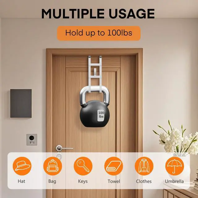 Alt view image 4 of 7 - Over The Door Hooks - 2 Pack Heavy Duty Triple-Hook Hanger, Rubber Coating Organizer for Bathroom Bedroom Kitchen Dorm, Hanging Towels Clothes Hats Bags Ironing Board, Fits Doors Up to 1.6" White
