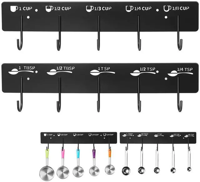 Main image of 2 Pack Measuring Cups and Spoons Hanging Rack, Black Hanging Cups and Spoons Rack, Space Saving Kitchen Utensil Holder, Including Screw and Adhesive Mounting