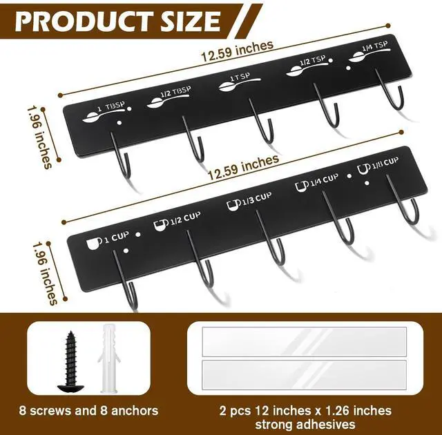 Alt view image 2 of 7 - 2 Pack Measuring Cups and Spoons Hanging Rack, Black Hanging Cups and Spoons Rack, Space Saving Kitchen Utensil Holder, Including Screw and Adhesive Mounting