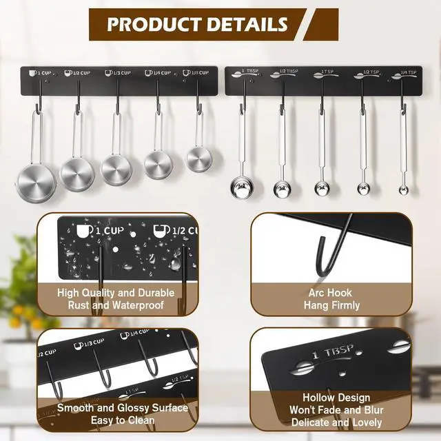 Alt view image 3 of 7 - 2 Pack Measuring Cups and Spoons Hanging Rack, Black Hanging Cups and Spoons Rack, Space Saving Kitchen Utensil Holder, Including Screw and Adhesive Mounting