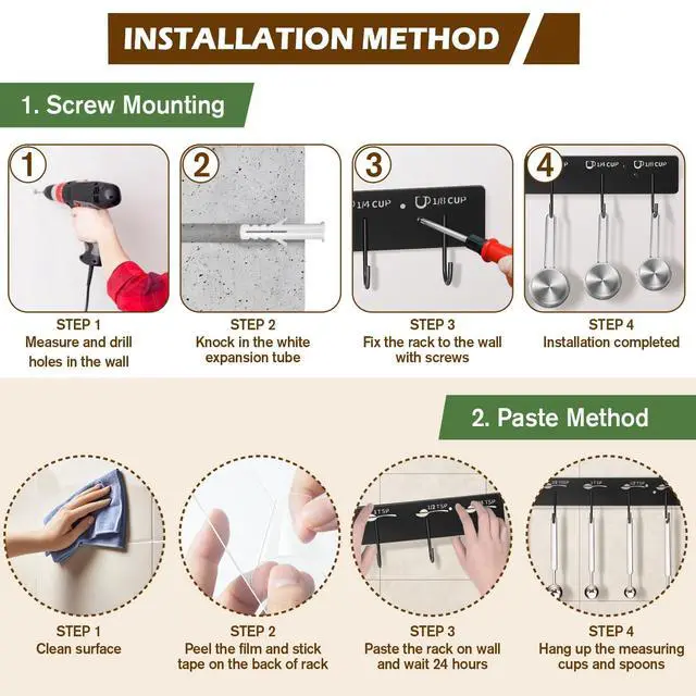 Alt view image 4 of 7 - 2 Pack Measuring Cups and Spoons Hanging Rack, Black Hanging Cups and Spoons Rack, Space Saving Kitchen Utensil Holder, Including Screw and Adhesive Mounting