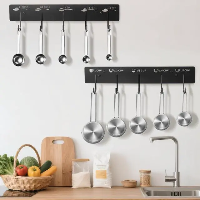 Alt view image 5 of 7 - 2 Pack Measuring Cups and Spoons Hanging Rack, Black Hanging Cups and Spoons Rack, Space Saving Kitchen Utensil Holder, Including Screw and Adhesive Mounting