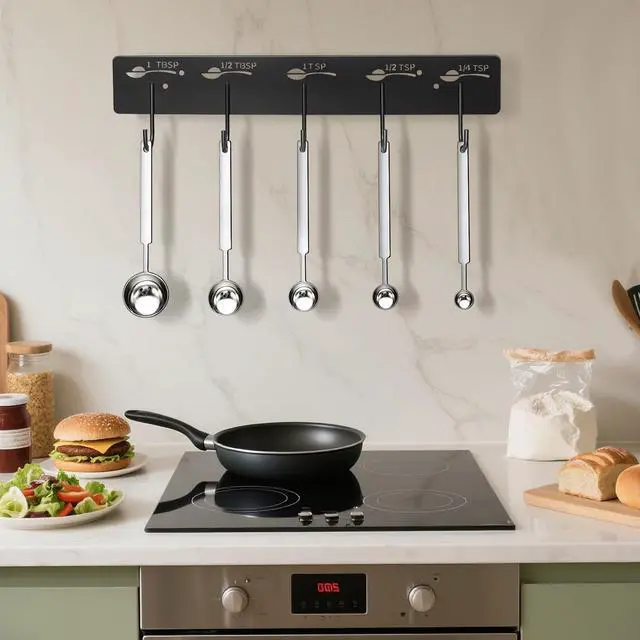 Alt view image 7 of 7 - 2 Pack Measuring Cups and Spoons Hanging Rack, Black Hanging Cups and Spoons Rack, Space Saving Kitchen Utensil Holder, Including Screw and Adhesive Mounting