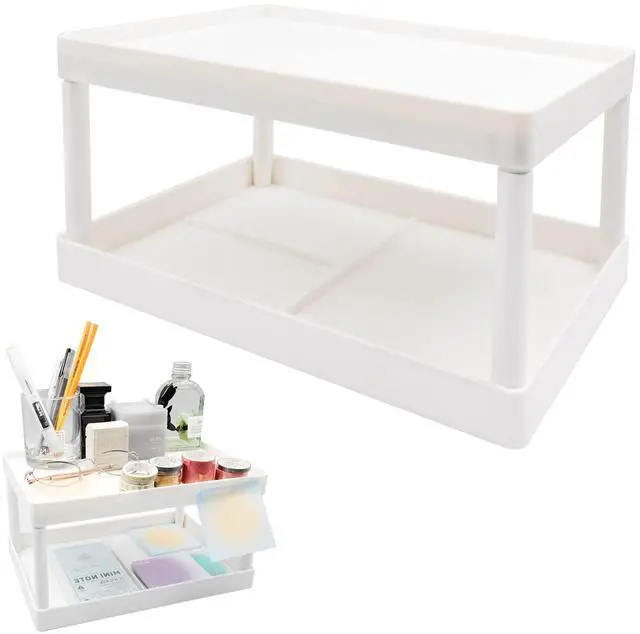 Main image of souG Desktop Storage Rack Organizer for Kitchen Bathroom Office Dorm - Double-Layer Cosmetic Stationery Storage Holder and Table Sundries Display Shelf - White