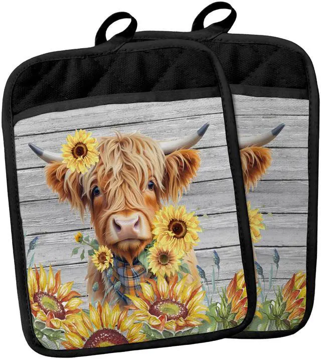 Main image of Western Highland Cow Sunflowers Pot Holders with Pockets, Floral Pot Holders Heat Resistant Oven Mitts Hot Pads for Kitchen Baking Cooking,Potholders for Kitchens