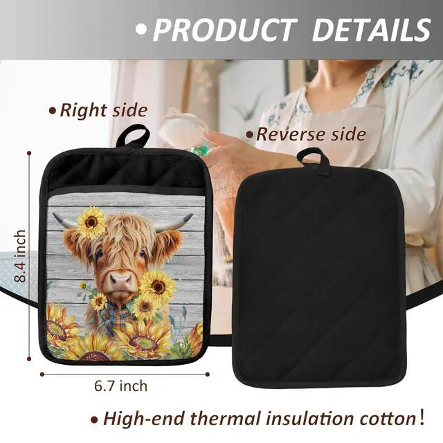 Alt view image 2 of 6 - Western Highland Cow Sunflowers Pot Holders with Pockets, Floral Pot Holders Heat Resistant Oven Mitts Hot Pads for Kitchen Baking Cooking,Potholders for Kitchens