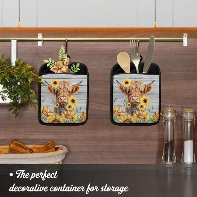 Alt view image 3 of 6 - Western Highland Cow Sunflowers Pot Holders with Pockets, Floral Pot Holders Heat Resistant Oven Mitts Hot Pads for Kitchen Baking Cooking,Potholders for Kitchens