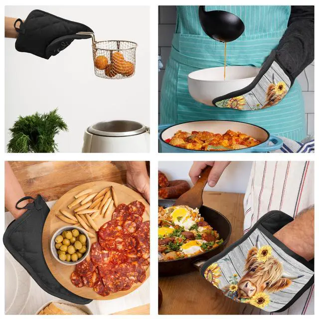 Alt view image 5 of 6 - Western Highland Cow Sunflowers Pot Holders with Pockets, Floral Pot Holders Heat Resistant Oven Mitts Hot Pads for Kitchen Baking Cooking,Potholders for Kitchens