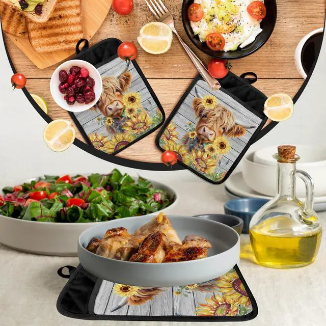 Alt view image 6 of 6 - Western Highland Cow Sunflowers Pot Holders with Pockets, Floral Pot Holders Heat Resistant Oven Mitts Hot Pads for Kitchen Baking Cooking,Potholders for Kitchens