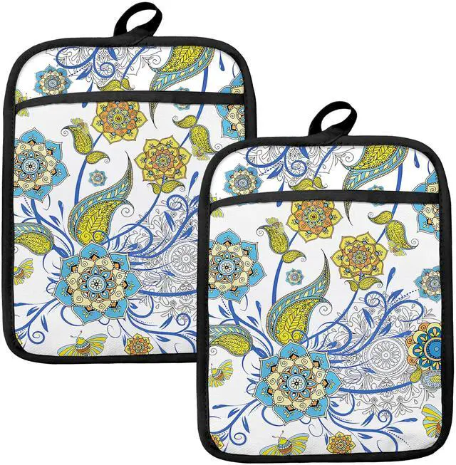 Main image of Boho Floral Oven Mitts Set, Vintage Luxury Blue and Gold Flower Floral Heat Resistant Kitchen Oven Gloves for Baking and Cooking,Pot Holders