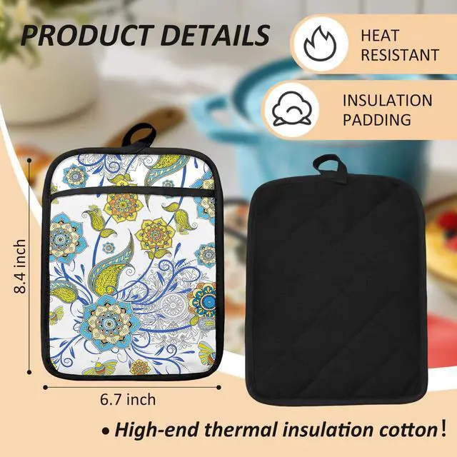Alt view image 2 of 6 - Boho Floral Oven Mitts Set, Vintage Luxury Blue and Gold Flower Floral Heat Resistant Kitchen Oven Gloves for Baking and Cooking,Pot Holders