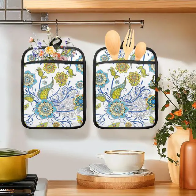 Alt view image 3 of 6 - Boho Floral Oven Mitts Set, Vintage Luxury Blue and Gold Flower Floral Heat Resistant Kitchen Oven Gloves for Baking and Cooking,Pot Holders