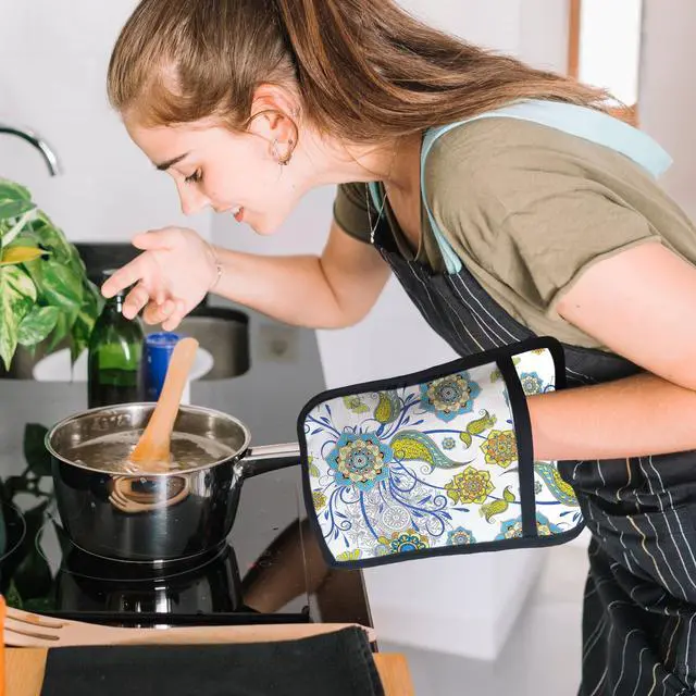 Alt view image 4 of 6 - Boho Floral Oven Mitts Set, Vintage Luxury Blue and Gold Flower Floral Heat Resistant Kitchen Oven Gloves for Baking and Cooking,Pot Holders