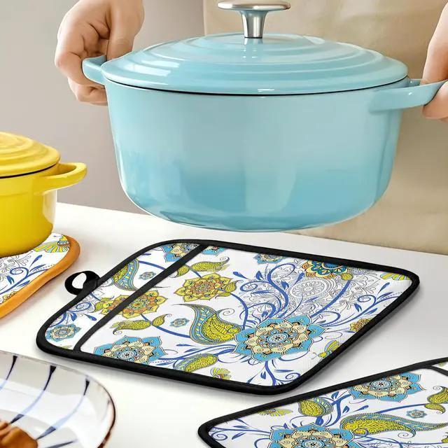 Alt view image 6 of 6 - Boho Floral Oven Mitts Set, Vintage Luxury Blue and Gold Flower Floral Heat Resistant Kitchen Oven Gloves for Baking and Cooking,Pot Holders