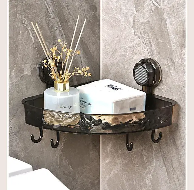 Alt view image 5 of 7 - Suction Storage Rack, 9 Inch Black Plastic Bathroom Corner Removable Toiletry Storage Rack for Kitchen and Bathroom (Black)