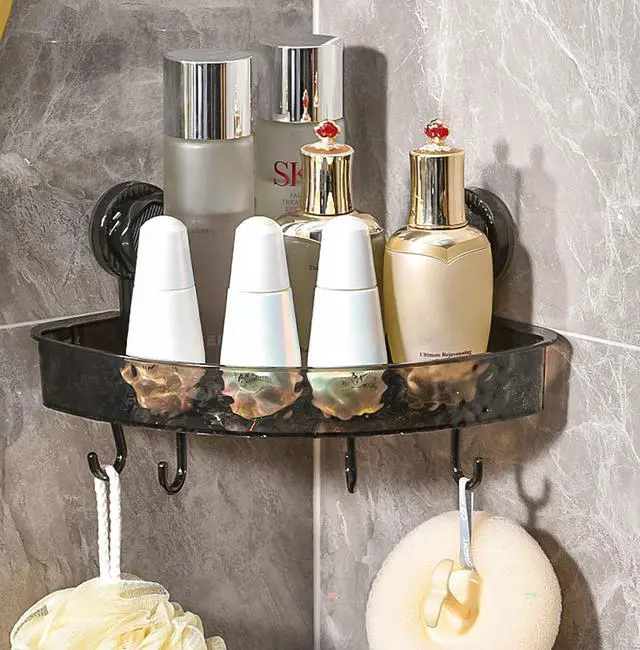 Alt view image 6 of 7 - Suction Storage Rack, 9 Inch Black Plastic Bathroom Corner Removable Toiletry Storage Rack for Kitchen and Bathroom (Black)