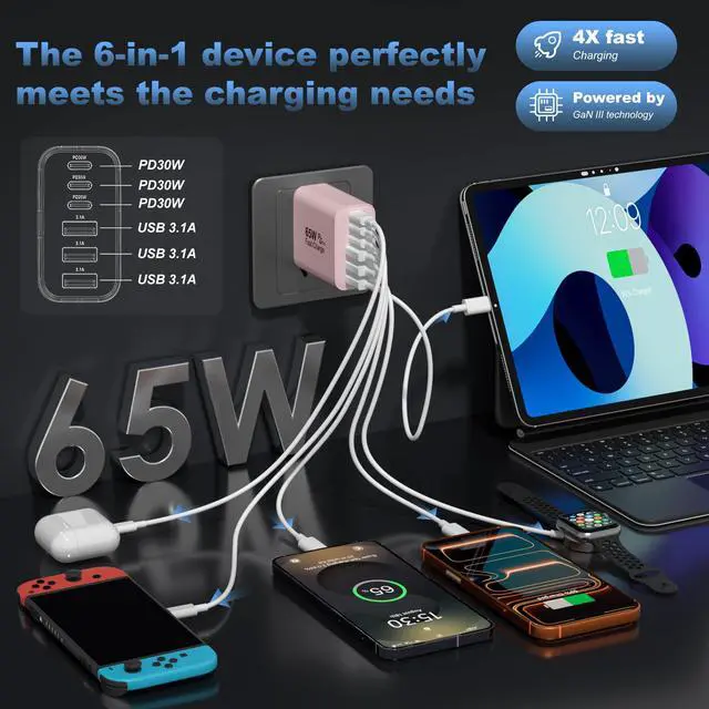 Alt view image 2 of 7 - 65W USB C Charger Block,6-Port Multi Device Fast Charger PD QC Wall Adapter
