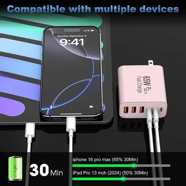 Alt view image 3 of 7 - 65W USB C Charger Block,6-Port Multi Device Fast Charger PD QC Wall Adapter