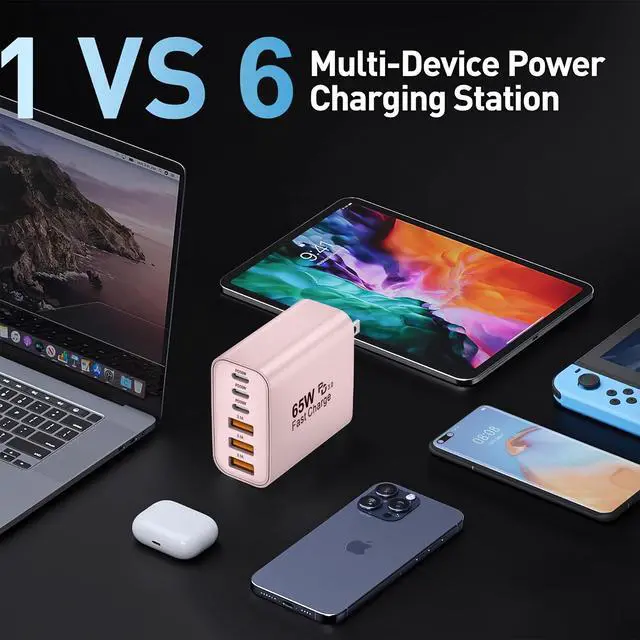 Alt view image 5 of 7 - 65W USB C Charger Block,6-Port Multi Device Fast Charger PD QC Wall Adapter
