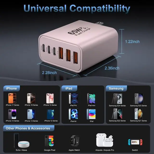 Alt view image 6 of 7 - 65W USB C Charger Block,6-Port Multi Device Fast Charger PD QC Wall Adapter