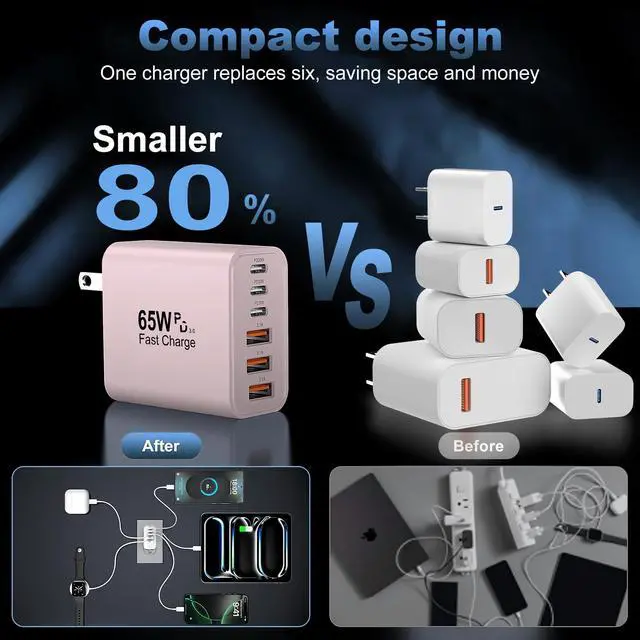 Alt view image 7 of 7 - 65W USB C Charger Block,6-Port Multi Device Fast Charger PD QC Wall Adapter