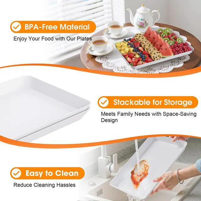 Alt view image 3 of 7 - 4-Pack Serving Tray, Serving Platter for Parties, Entertaining, Camping & Food Display, Reusable & Stackable Plastic Trays in Kitchen, Rectangular Food Platters for Cookie, Appetizer(White)