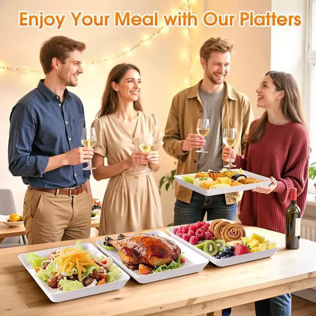 Alt view image 7 of 7 - 4-Pack Serving Tray, Serving Platter for Parties, Entertaining, Camping & Food Display, Reusable & Stackable Plastic Trays in Kitchen, Rectangular Food Platters for Cookie, Appetizer(White)