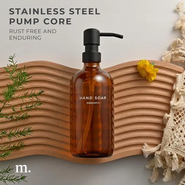 Alt view image 4 of 7 - Soap Dispenser 1-Piece Set | 16.9oz Amber Bottles with Black Plastic Pumps