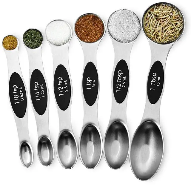 Main image of 6-Piece Magnetic Measuring Spoon Set - Stainless Steel Stackable Dual Sided Nesting Teaspoon to Tablespoon For Dry & Liquid Ingredients, Stylish, 6 Sizes, Black