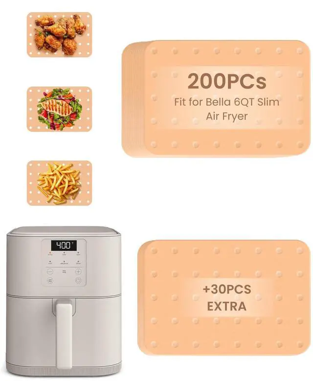 Main image of 230PCs Air Fryer Paper Liner Perforated for Bella 6Qt(5lb) Slim Air Fryer Accessories Includes 200PCs Food Grade Disposable Parchment Paper Sheets and 30PCs Extra Pack, Non-Stick Oilproof Easy Cleanup