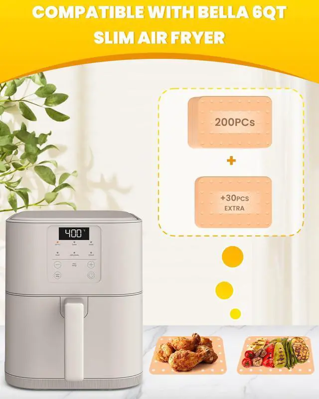 Alt view image 2 of 7 - 230PCs Air Fryer Paper Liner Perforated for Bella 6Qt(5lb) Slim Air Fryer Accessories Includes 200PCs Food Grade Disposable Parchment Paper Sheets and 30PCs Extra Pack, Non-Stick Oilproof Easy Cleanup