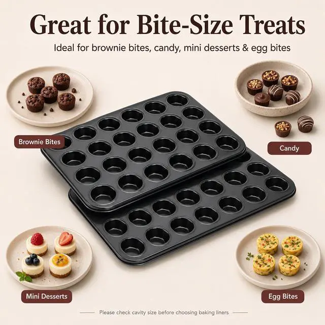 Alt view image 3 of 7 - 2 Pack Petite Mini Muffin Pan, 24-Cup Nonstick Carbon Steel Mini Cupcake Pan, Bite-Size Muffin Tin for Brownie Bites, Egg Bites, Candy and Mini Desserts