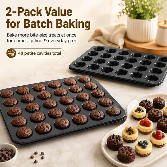 Alt view image 4 of 7 - 2 Pack Petite Mini Muffin Pan, 24-Cup Nonstick Carbon Steel Mini Cupcake Pan, Bite-Size Muffin Tin for Brownie Bites, Egg Bites, Candy and Mini Desserts