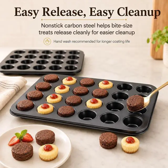 Alt view image 6 of 7 - 2 Pack Petite Mini Muffin Pan, 24-Cup Nonstick Carbon Steel Mini Cupcake Pan, Bite-Size Muffin Tin for Brownie Bites, Egg Bites, Candy and Mini Desserts
