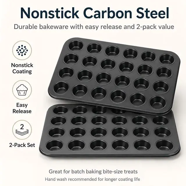 Alt view image 5 of 7 - 2 Pack Petite Mini Muffin Pan, 24-Cup Nonstick Carbon Steel Mini Cupcake Pan, Bite-Size Muffin Tin for Brownie Bites, Egg Bites, Candy and Mini Desserts
