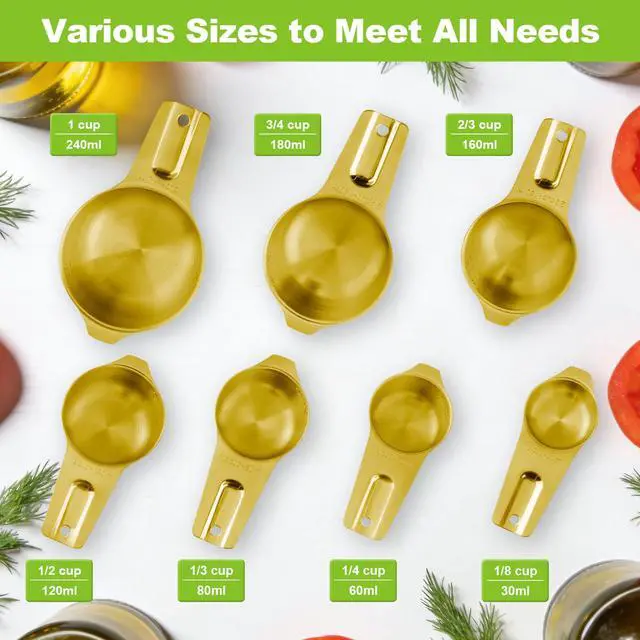 Alt view image 2 of 6 - 7 Pcs Gold Measuring Cups Stainless Steel, Nesting Metal Measuring Cups with Markings & Ring, Stackable Measure Cups Spoons Set for Cooking Baking Supplies, Kitchen Utensils for Dry Liquid Ingredients