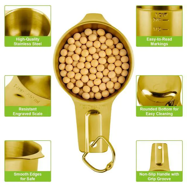 Alt view image 3 of 6 - 7 Pcs Gold Measuring Cups Stainless Steel, Nesting Metal Measuring Cups with Markings & Ring, Stackable Measure Cups Spoons Set for Cooking Baking Supplies, Kitchen Utensils for Dry Liquid Ingredients