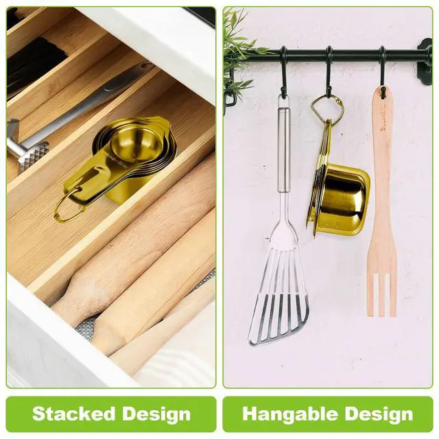 Alt view image 4 of 6 - 7 Pcs Gold Measuring Cups Stainless Steel, Nesting Metal Measuring Cups with Markings & Ring, Stackable Measure Cups Spoons Set for Cooking Baking Supplies, Kitchen Utensils for Dry Liquid Ingredients