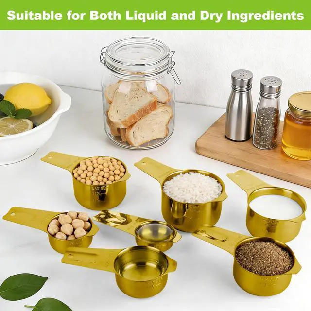 Alt view image 5 of 6 - 7 Pcs Gold Measuring Cups Stainless Steel, Nesting Metal Measuring Cups with Markings & Ring, Stackable Measure Cups Spoons Set for Cooking Baking Supplies, Kitchen Utensils for Dry Liquid Ingredients