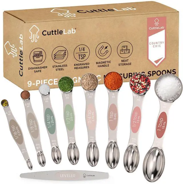 Main image of Magnetic Measuring Spoons Set - Stainless Steel, Double Ended, Stackable & Nested Design for Dry and Liquid Ingredients, Ideal for Spice Jars, 9-Piece Set with Leveler (Country Chic)