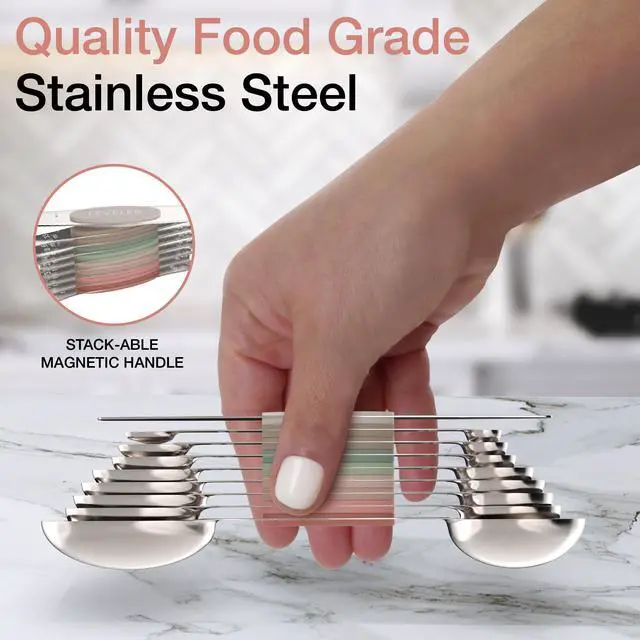 Alt view image 2 of 7 - Magnetic Measuring Spoons Set - Stainless Steel, Double Ended, Stackable & Nested Design for Dry and Liquid Ingredients, Ideal for Spice Jars, 9-Piece Set with Leveler (Country Chic)