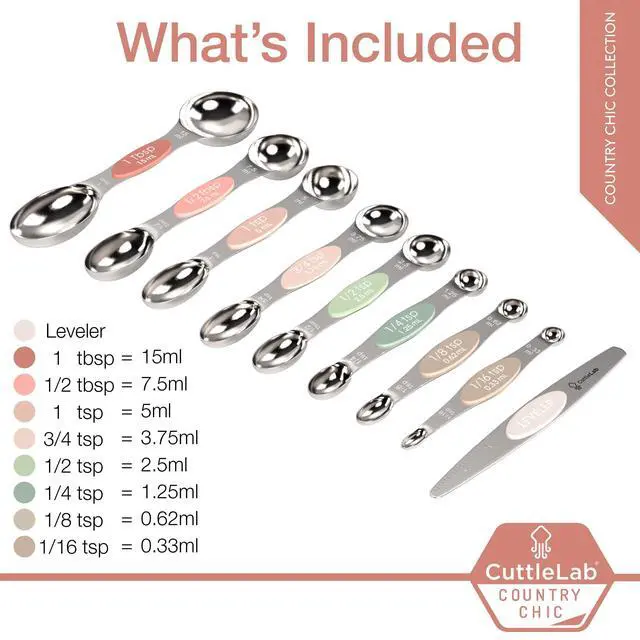 Alt view image 3 of 7 - Magnetic Measuring Spoons Set - Stainless Steel, Double Ended, Stackable & Nested Design for Dry and Liquid Ingredients, Ideal for Spice Jars, 9-Piece Set with Leveler (Country Chic)
