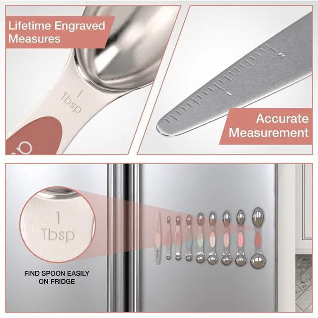 Alt view image 5 of 7 - Magnetic Measuring Spoons Set - Stainless Steel, Double Ended, Stackable & Nested Design for Dry and Liquid Ingredients, Ideal for Spice Jars, 9-Piece Set with Leveler (Country Chic)