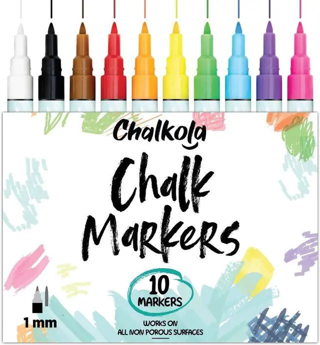 Main image of Markers Fine Tip (10 Pack, 1mm Extra Fine Point) - Neon Liquid Chalk Pens for Blackboards, Chalkboard, Bistro, Car Windows, Dry Erase Boards, Glass - Thin, Wet Erase, Erasable Chalkboard Markers