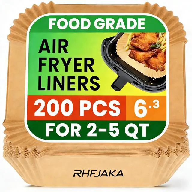 Main image of 200 PCS Square Air Fryer Paper Liners Disposable, 6 x 6 ''Non-stick Oil Resistant Air Fryer Parchment Paper Liners, Waterproof, Airfryer Liners for Baking, Roasting Microwave,Oven & Basket