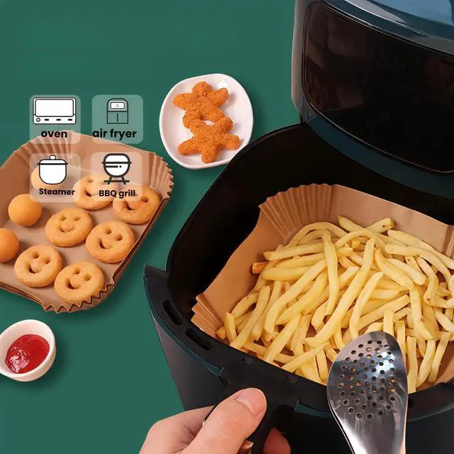 Alt view image 4 of 7 - 200 PCS Square Air Fryer Paper Liners Disposable, 6 x 6 ''Non-stick Oil Resistant Air Fryer Parchment Paper Liners, Waterproof, Airfryer Liners for Baking, Roasting Microwave,Oven & Basket