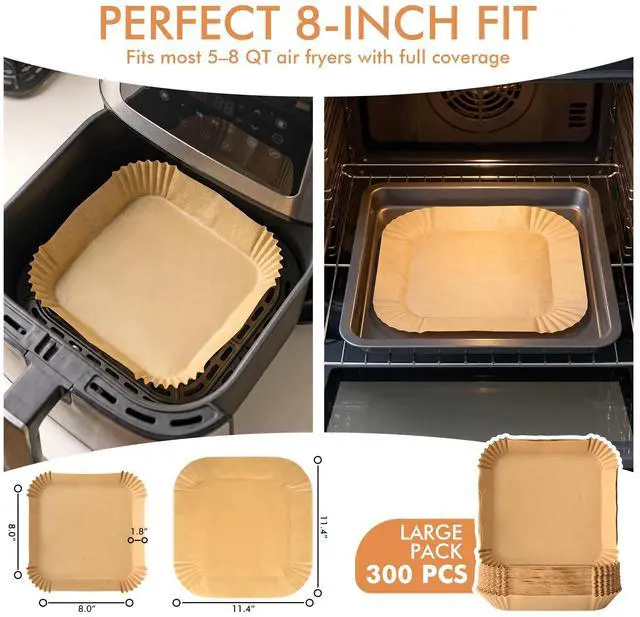 Alt view image 3 of 7 - Air Fryer Liners Disposable, 300 PCS 8 Inch Square Parchment Paper Liners for 58 QT Air Fryer Baskets, Unbleached Non-Stick Grease Resistant Liners for Easy Cleanup, Baking and Roasting