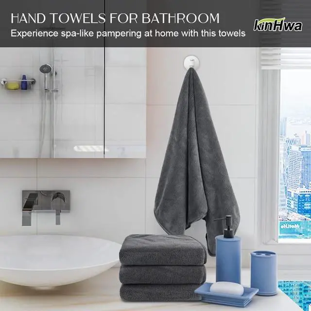 Alt view image 5 of 6 - Microfiber Hand Towel Ultra Soft Large Hand Towels for Bathroom Super Absorbent for SPA Face Shower and Sports 2 Pack Dark-Gray